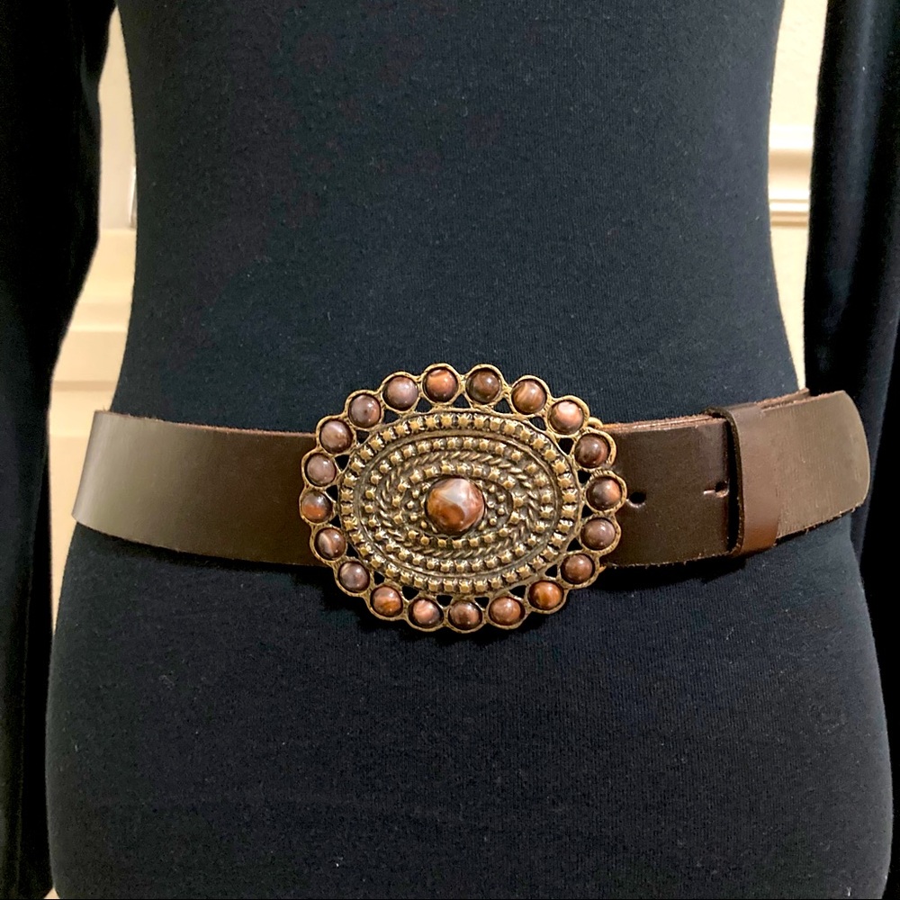 Brown Leather Belt with Beaded Buckle